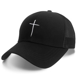 Christian Hats for Men Women, Adjustable Jesus Cross Christian Trucker Hat for Holidays or Birthdays Black