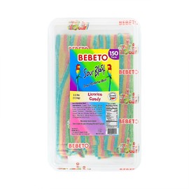 Bebeto Sour Blast Rainbow Licorice Belts Candy – 150 Pieces in Bulk Tub with Serving Tong – Colorful & Chewy Sour Belts – 3.3 lbs (1500g) – Vegetarian & Halal Candy for Parties, Buffets & Gifts by Kervan