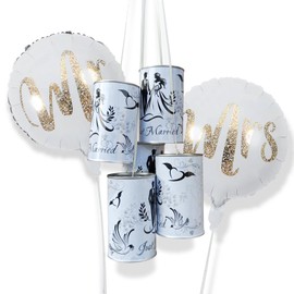 Dumeher Tin Tin Set 5-Piece Car Decoration Wedding Tins on the Car 12 x 7.5 cm with Mr & Mrs Balloons White for Car Wedding Decoration Wedding Customs Wedding Inspiration