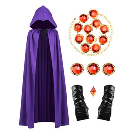 Abitoncc - Disfraz de Halloween para mujer, disfraz de anime para cosplay, capa morada con capucha, cadena ajustable de piedras rojas con guantes de poliuretano (L: 5 pies 9 pulgadas +)