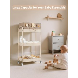 Fortella Carrito organizador de pañales 2 en 1 y organizador de nursery, carrito utilitario móvil de 3 niveles, caddy de cabecera desmontable, gran almacenamiento para artículos esenciales para bebés
