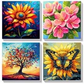MISCER 4 Pack Paint by Numbers for Adults Beginner, Flowers Butterfly Paint by Number Kits for Kids, DIY Acrylic Oil Painting Suitable for Home Decoration (8x8inch)