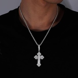 POKOKORR Iced Out Cross Pendant Necklace, White Gold Plated, Cubic Zirconia, Rope Chain, Hip Hop Faith Style, Unisex 3mm Pendant 24inch, Normal, Metal, Cubic Zirconia