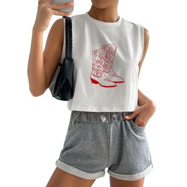 LUBERLIN Country Concert Outfits for Women Western Cowboy Boots Graphic Tees Shirt Cute Western Cowgirl Crop Tank Tops Summer Cami(White 2,XL)
