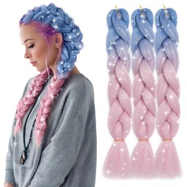 TESS Braids Extensions with Glitter, 60 cm, Jumbo Braids Synthetic Hair for Braiding, Box Braids, Hair Extension Braid, 100 g/Bundle, Hair Braids Extension, 1 Piece, Glitter + Blue/Light Pink