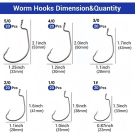 FINOSEAK 120Pcs Bass Hooks Set, Strong Offset Bass Fishing Hooks Freshwater Barbed Sharp Worm Hooks for Texas Rigging Fishing Extra Wide Gap 6 Sizes Assorted #1 1/0 2/0 3/0 4/0 5/0