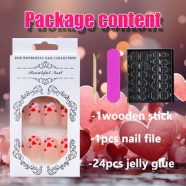 Valentine’s Day Press on Nails Short, Nude Almond Fake Nails With Pink Red Heart Pattern Design French Tip Acrylic False Nails Cute Glossy Stick on Nails Coffin Glue on Nails For Women 24pcs