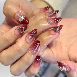 24Pcs False Nails Almond Medium Long, Red Gradient French Tip Press on Nails, Silver Heart Spider Design Acrylic Fake Nails, Natural Reusable Stick on Nail for Women Daily Party Wedding Wear