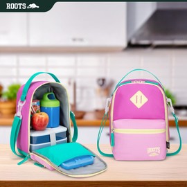 Roots Insulated Lunch Bag – Made from Recycled Polyester, with Exterior ID Label, Adjustable Shoulder Strap & 2 Zippered Compartments – 7L, Pink & Turquoise