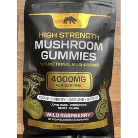 Mushroom Gummies 4000mg – 12 Functional Mushroom Complex with Lions Mane, Cordyceps, Reishi, Chaga, Maitake & Shiitake – Wild Raspberry Flavour – Vegan Food Supplement – 60 Gummies