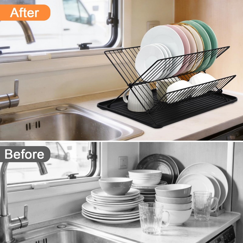 RV Foldable Dish Drying Rack, 2-Tier with Drip Tray, Stainless