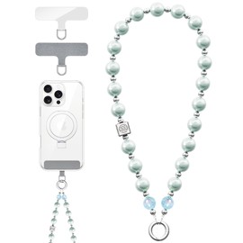 Vihibii Phone Charm Pearl Beaded with 2* Tether Tab, Hands-Free Stylish Cell Phone Wrist Strap, Detachable Anti-Drop Phone Lanyard for Women Girls, Anti Theft Fashion Phone Chain Wristlet, Light Green