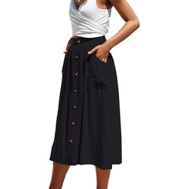 ZOYEESHINE Womens Elastic High Waist Midi Skirts Pleated Button Front Black Skirt A Line with Pockets(Small,A-Black)
