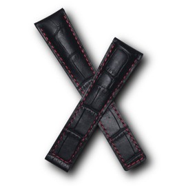 Watchstrapworld TH-MNZ-01-0531 - 20 mm Black Crocodile-Style Leather Deployment Watch Strap with red Stitching and red Lining Compatible with TAG Heuer Monza Models Listed Below