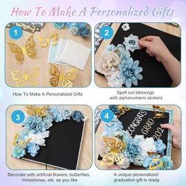 JarThenaAMCS - Kit de decoración de manualidades, 15 piezas de flores de imitación con pegatinas de mariposa 3D con purpurina y letras del alfabeto, diamantes de imitación adhesivos para decoración de