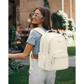 VANKANY College Bookbag for Women Student, 15.6in Laptop Backpack Middle High School Bag for Teen Girls Teacher Work Commuter Travel, Beige