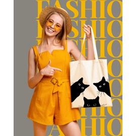 AUSVKAI Canvas Tote Bag Aesthetic for Women, Cute Cat Reusable Cotton Cloth Cotton Bags for College Shopping Beach Grocery and Trendy Gifts