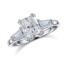 MOOSEA Radiant Moissanite Engagement Rings for Women, 2ct D Color VVS1 Clarity Lab Created Moissanite Rings 14K White Gold Vermeil Double Claw Moissanite 3 Stone Ring for Women Anniversary Jewelry