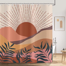 ASDCXZ Boho Style Shower Curtain 180 x 180 cm, Modern Abstract Art Sunset Leaves Beige Bathroom Washable Shower Curtains Polyester Textile Waterproof Shower Curtain for Bath with 12 Hooks