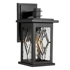 Emliviar Farmhouse Outdoor Porch Light, 1-Light Patio Wall Fixture With Water Grain Glass Shade, Black Finish, 1803EW1-SD BK