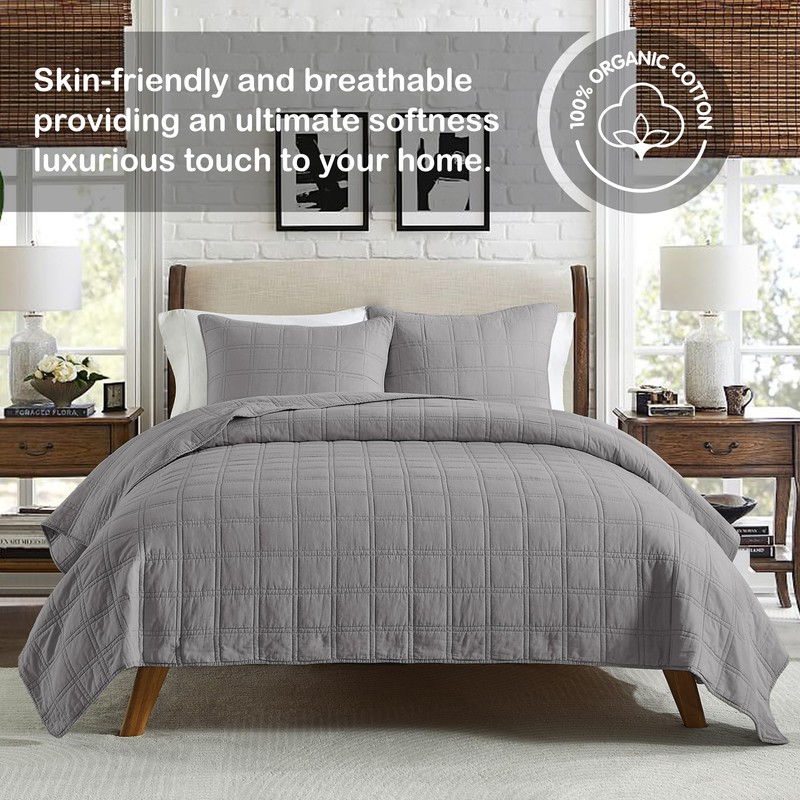 HORIMOTE HOME 100% Cotton Quilt Set King Size, Grey Pre-Washed