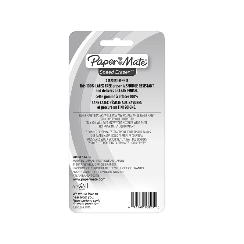 Paper Mate Speed Eraser, Smudge-Resistant and Latex-Free White Erasers, 2