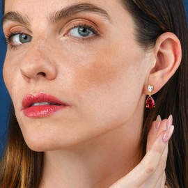 Diamond Treats Gold Plated 925 Sterling Silver Earrings for Women with Red Cubic Zirconia Stones, Ruby Red Earrings for Women, Gold Drop Earrings for Women, Ruby Red Teardrop Earrings for Women