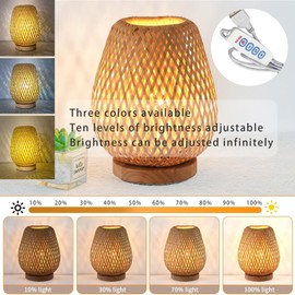 Handmade Bamboo Woven Table Lamp, 3 Color and Stepless Dimmable Small Beside Lamp, Vintage Wooden Base Nightstand Lamp, Decorative Reading Light for Bedroom, Living Room, Kids Room.
