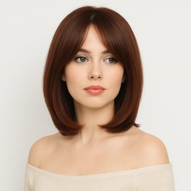 Women's Bob Wig Straight Clavicle Wig Replacement Breathable Heat Resistant Wig - Brown Red