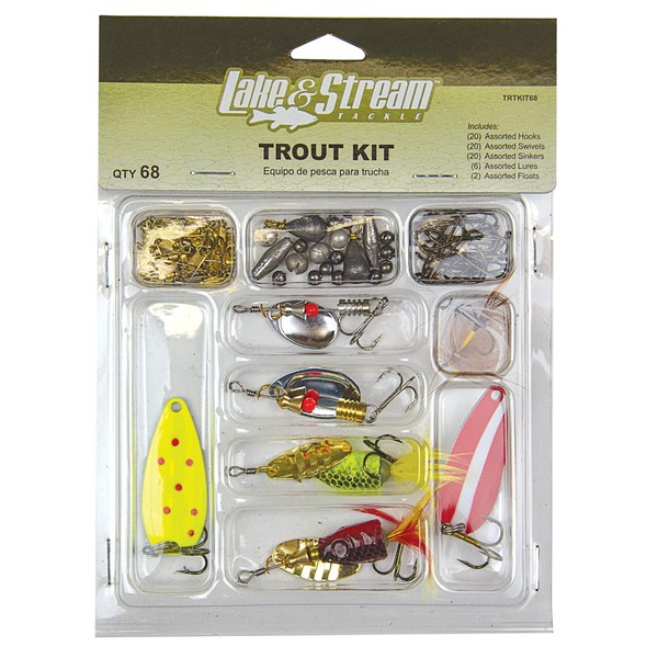 EAGLE CLAW TROUT TACKLE KIT, 68 PIECES, CONTAINS ASSORTMENT OF HOOKS, TACKLE AND RIGS FOR FISHING FRESHWATER TROUT