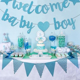 Welcome home baby boy banner-RKMYTR Blue 2 Pack Glitter Paper Flags for welcome Baby BoyShower Decorations, Gender Reveal Bunting Flag for Family Boys Newborn Birthday Homecoming Theme Party
