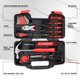 Auto Dynasty 39 Pcs Hand Tool Kit Set General Repair Household Universal Home Tool Kit for Home Household Office Garden Warehouse with Carrying Case, Red