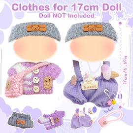 Xerteam Doll Clothes for 17 cm Plush Doll, Pack of 4 Purple Jumpers Headgear & Bags for 17 cm Dolls, Plush Doll Accessories, Cute Outfit (Without Doll)