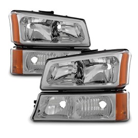 AKKON - Fit 2003-2006 Silverado 1500/ 1500HD/ 2500/ 2500HD/ 3500 07 Classic Chrome Headlights + Bumper + LED Red Clear Tail Lamp