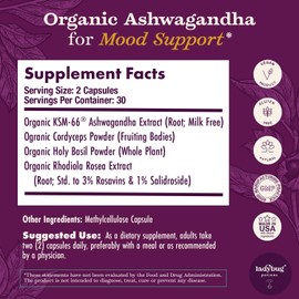 Organic Mood Pills 60Capsules 2Pack Organic Ashwagandha Supplements for Women and Men, Ashwagandha Root Capsules with Cordyceps, Holy Basil & Rhodiola, Reduce Stress, Boost Mood and Cognitive Function