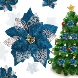 Jim`s cabin Artificial Flowers Pack of 12 Glitter Poinsettias for Christmas Tree Ornaments Butterfly Christmas Gold Decorations(Blue)