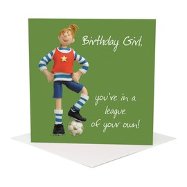 Female footballer birthday card by Erica Sturla, 15cm square, great soccer card for mum, sister, daughter, aunt, niece, cousin, friend etc. Blank inside
