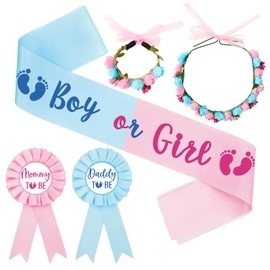 JarThenaAMCS Boy or Girl Gender Reveal Sash Set Mother to Be Brooch Father to Be Pins Bracelet Wreath Ribbon Headband Wristband for Baby Shower Party Supplies Pregnancy Prop Keepsake Gift