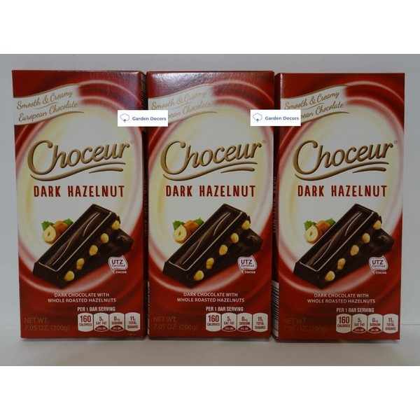 Choceur Dark Chocolate with Whole Roasted Hazelnuts 7.05oz 200g (3 Bars)