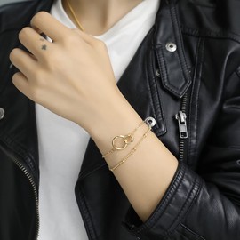 Jewlure 18K Gold Plated Adjustable Layered Bracelet, Exquisite And Simple Double Ring Splicing Bracelet, Suitable As a Gift For Women