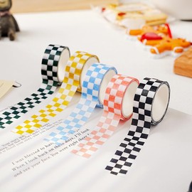 XiowDow Checkered Tape Decorative Plaid Cute Washi Tape Set 0.6inch Width Colored Grid Masking Paper Tapes 5 Roll Checkerboard Flag Tape Rolls for Scrapbook Artist Craft Party Decoration Box Label
