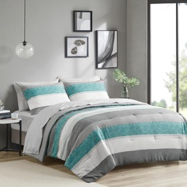 Madison Park Essentials King Comforter Set, Bed in A Bag Comforter & Sheet Set, Modern Casual Stripes Print, All Seasons, Soft Microfiber Bedding Makeover, Matching Shams, King Aqua/Grey 7 Piece