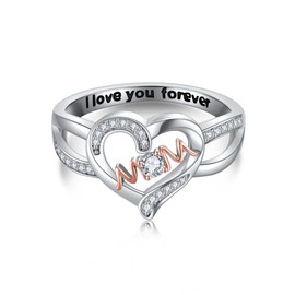 URONE Mom Rings Sterling Silver Mother Rings Heart Mum Statement Rings Mothers Day Birthday Jewellery for Women Nana Mama(Size Q)