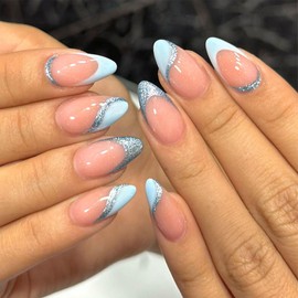 Blue French Tip Press on Nails Short Fake Nails Almond Glitter Glue on Nails Light Pink Full Cover Acrylic Nails Press ons Glossy Artificial False Nails for Girls 24Pcs
