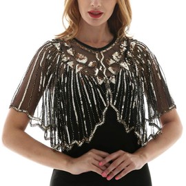 Bacophy Women's 1920s Shawl Wraps Beaded Sequin Gatsby Cape Evening Bolero Flapper Cover Up, Black Gold, One size