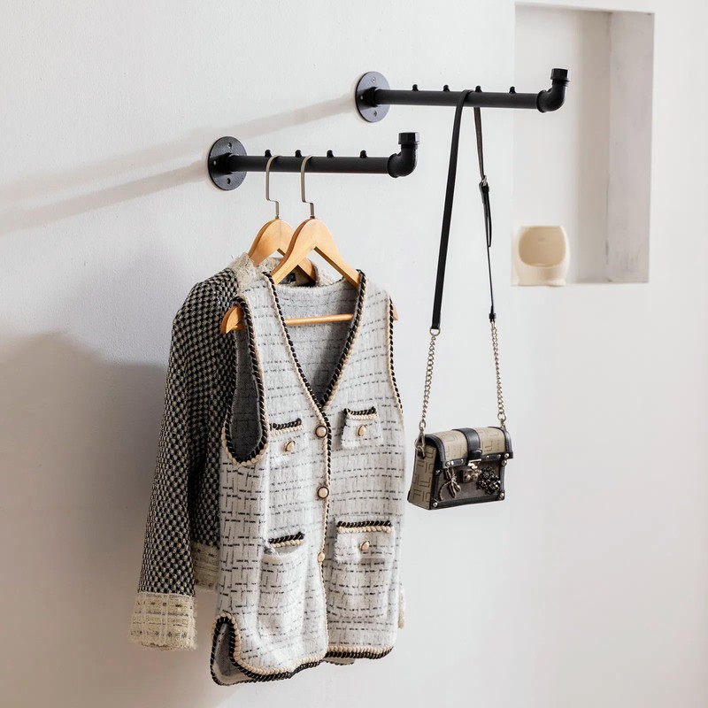 Industrial Wall Pipe Clothes Bar - Heavy Duty Metal Coat