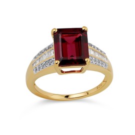 Elegant Art Deco Style 3CT Red Rhodolite Garnet Side Stone Baguette Gemstone Statement Engagement Ring 14K Yellow Gold Vermeil .925 Sterling Silver