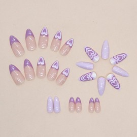 24 Pcs Almond Press on Nails Valentine’s Day Medium Glue on Nails for Women Purple Love Fake Nails Acrylic Nails Full Cover False Nails with Cute and Sweet Designs for Women and Girls