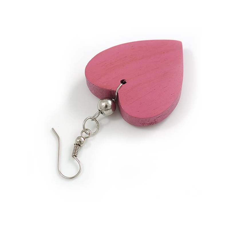 Rose Pink Wood Grain Heart Drop Earrings - 60mm L