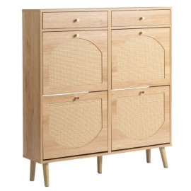 Rattan Front Shoe Cabinet 2 Drawers 4 Flip Compartments 105*24*110cm Particleboard Natural Wood Color for Organizing Your Fronttitle: default title